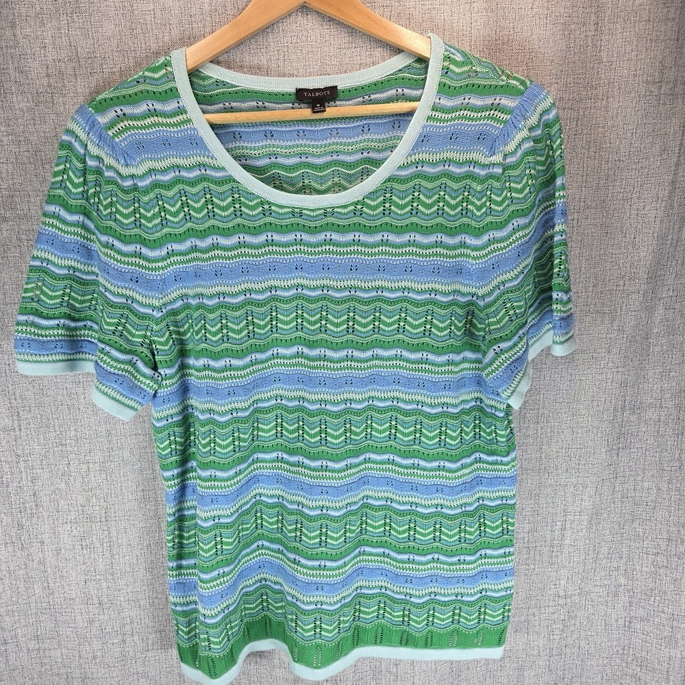 Talbots Casual Green Blue Stripe Crochet Short Sleeve Lightweight Sweater Medium - Picture 4 of 8